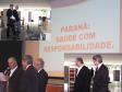 O Governador do Paraná, Roberto
Requião, o secretário de Saúde,
Gilberto Martin e o secretário do
Desenvolvimento Urbano, Luiz Forte
Netto, na Escola de Governo, 25 de
março de 2008