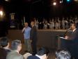 Na foto o Governador do Paraná,
Roberto Requião ao seu lado o
maestro Augusto Caio Perotti e a
Banda Municipal de Araucária, na
apresentação na Escola de
Governo, 08 de abril de 2008. Foto
Marcia Midori