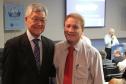 O secretário de Planejamento e Coordenação Geral, Cassio Taniguchi, ao lado do presidente da Celepar, Jacson Carvalho Leite, fizeram a abertura da apresentação do SAPM 