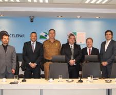 Delegado-geral da Polícia Civil, Riad Braga Farhat; secretário de Segurança Pública,Cid Vasques;  comandante-geral da Polícia Militar,  coronel Roberson Luiz Bondaruk;diretor da Polícia Científica, Leon Grupenmacher; presidente da Celepar, Jacson Carvalho Leite e o cooordenador do Funesp, Fabio Losso 