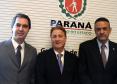 O Governo do Paraná lançou nesta segunda-feira (22) o novo site do Departamento de Trânsito do Paraná e o serviço de renovação automática da Carteira Nacional de Habilitação. Wilson Quinteiro, Jacson Leite e secretário de Segurança Pública, Cid Vasques   