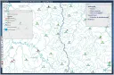 
Estações de monitoramento, bacias, rios principais e secundários no mapa.