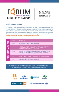 Os comitês de diversidade de gênero da Copel e da Sanepar, em parceria com a Celepar, promovem nesta quarta-feira (12), em Curitiba, uma tarde de diálogo sobre a equidade de gênero. Primeiro de uma série, o Fórum Gêneros Diferentes, Direitos Iguais é uma ação inédita que une as três organizações na promoção do debate sobre o espaço das mulheres no mercado de trabalho e na sociedade.Curitiba, 11/04/2017.Foto: Divulgação