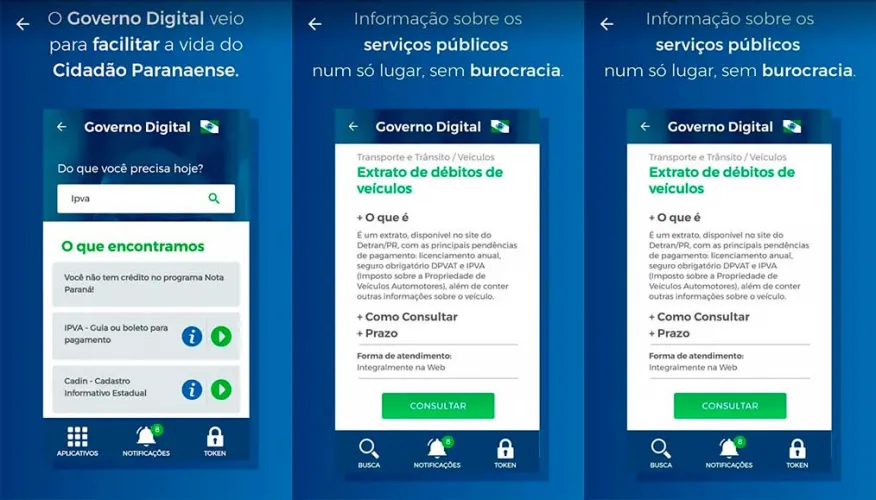 Telas do app do Governo Digital