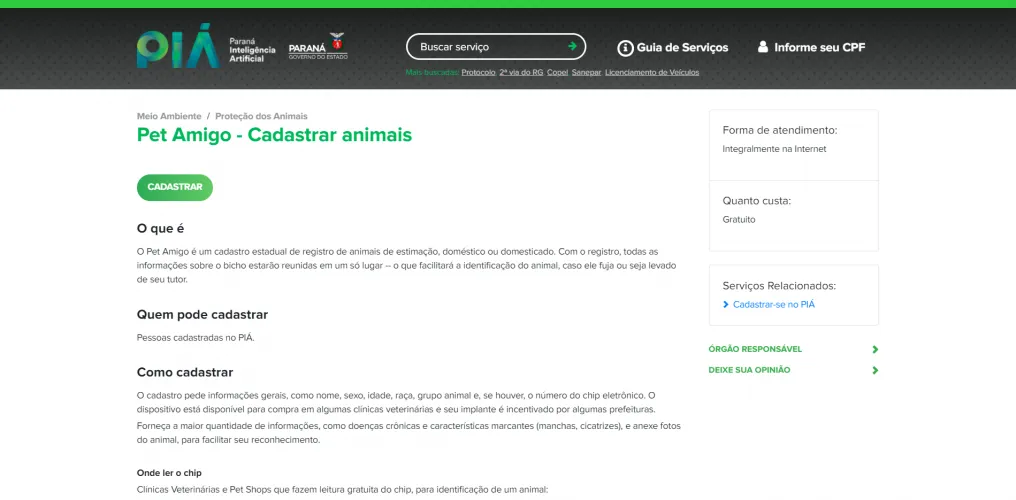 Serviço de cadastro de animais de estimação está disponível no PIÁ