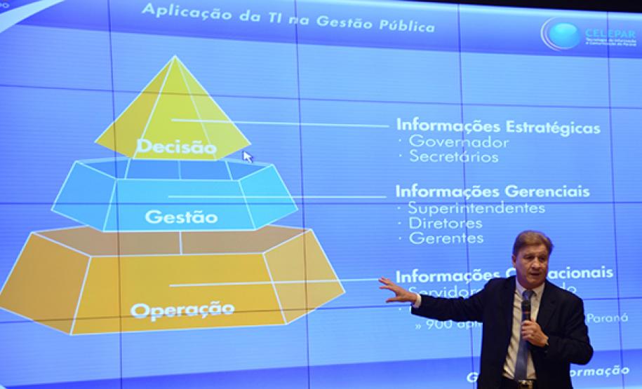 Servidores do Estado participam de palestra do pesquisador alemão Dr. Jörn Von Lucke, que aborda o tema de gestão aberta da administração. Na foto, Jacson Carvalho Leite, presidente da Celepar, durante palestra.