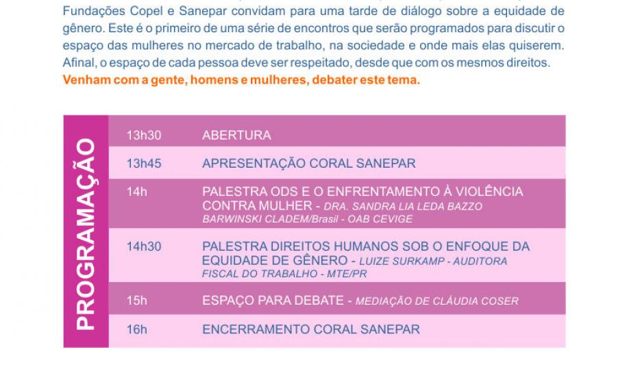Os comitês de diversidade de gênero da Copel e da Sanepar, em parceria com a Celepar, promovem nesta quarta-feira (12), em Curitiba, uma tarde de diálogo sobre a equidade de gênero. Primeiro de uma série, o Fórum Gêneros Diferentes, Direitos Iguais é uma ação inédita que une as três organizações na promoção do debate sobre o espaço das mulheres no mercado de trabalho e na sociedade.Curitiba, 11/04/2017.Foto: Divulgação